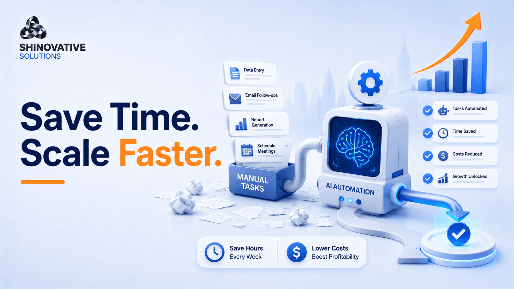 Premium minimal illustration of AI automation workflows reducing manual tasks, saving time, cutting costs, and helping business teams scale faster.
