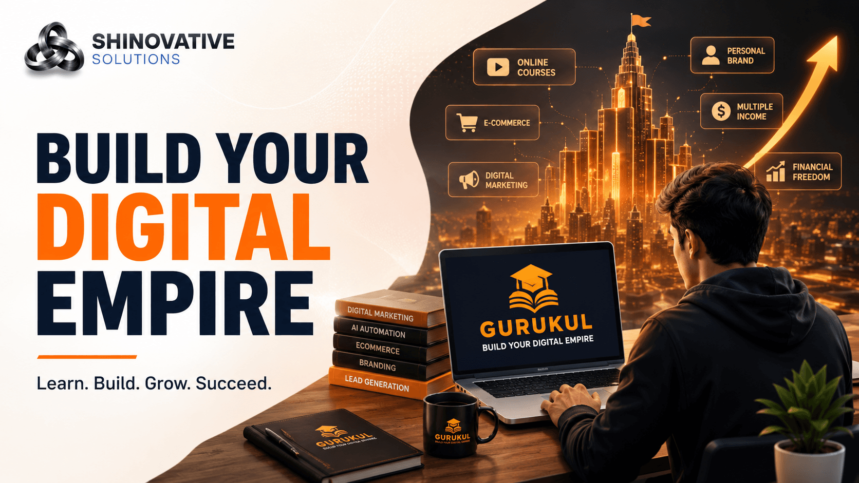 Premium orange, gold, and black illustration showing digital business learning, entrepreneurship, online growth, and Shineovative Gurukul-style training.