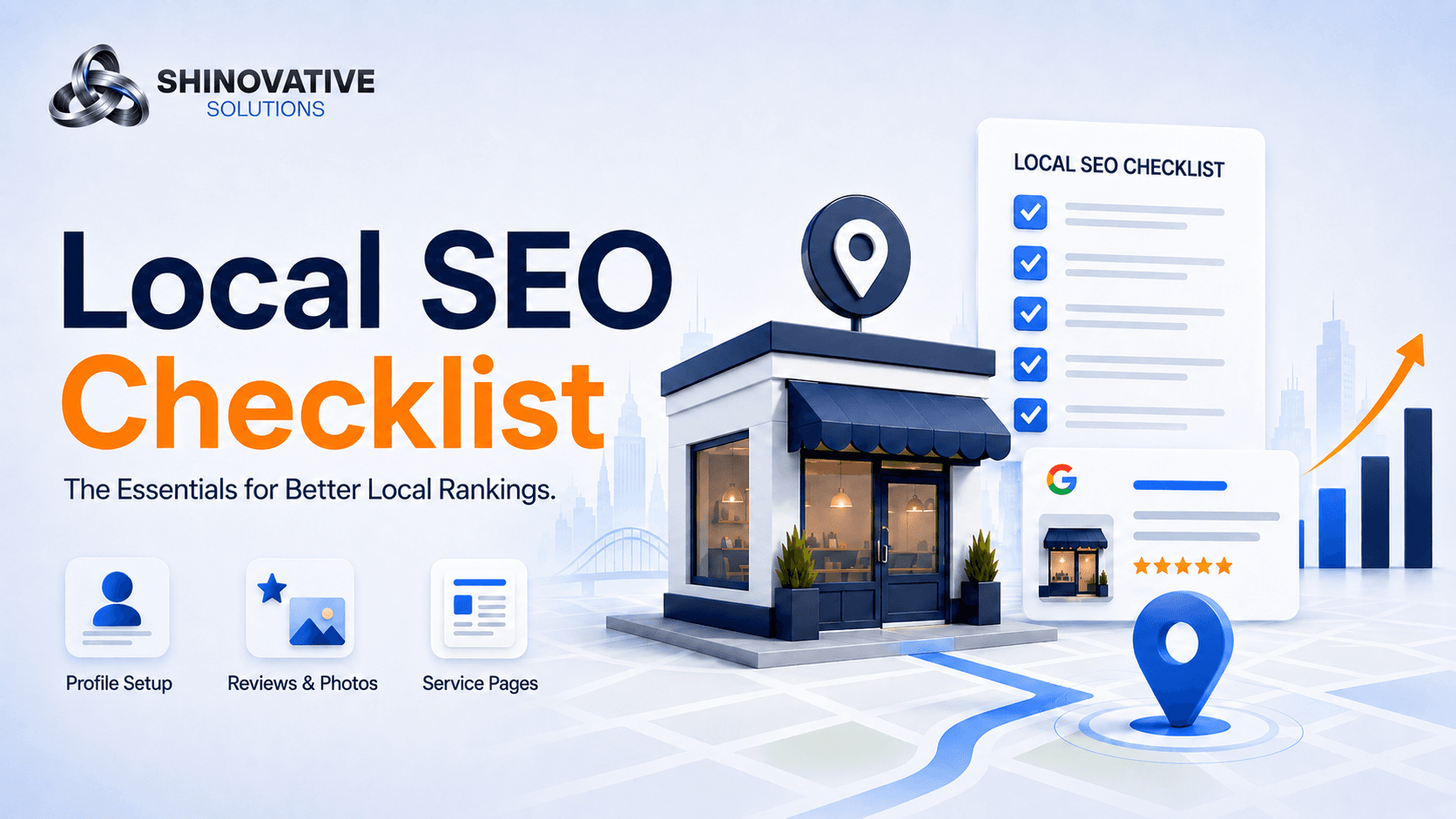 Clean illustration of a local business checklist with Google search results, map pins, and ranking growth indicators.