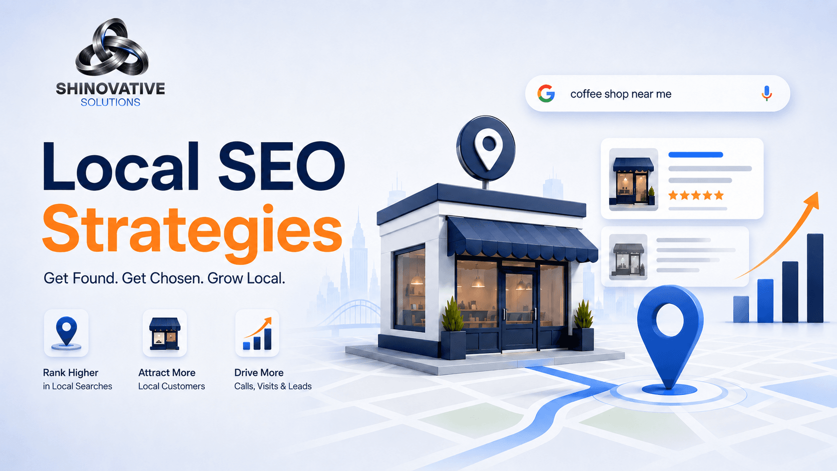 Premium minimal illustration of a local business ranking higher in Google search with map pins, top results, and local growth indicators.