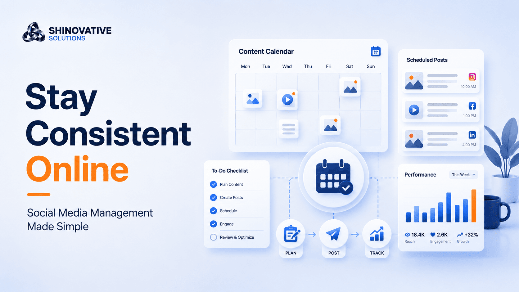 Premium minimal illustration of social media management with a content calendar, scheduled posts, engagement messages, and performance tracking.